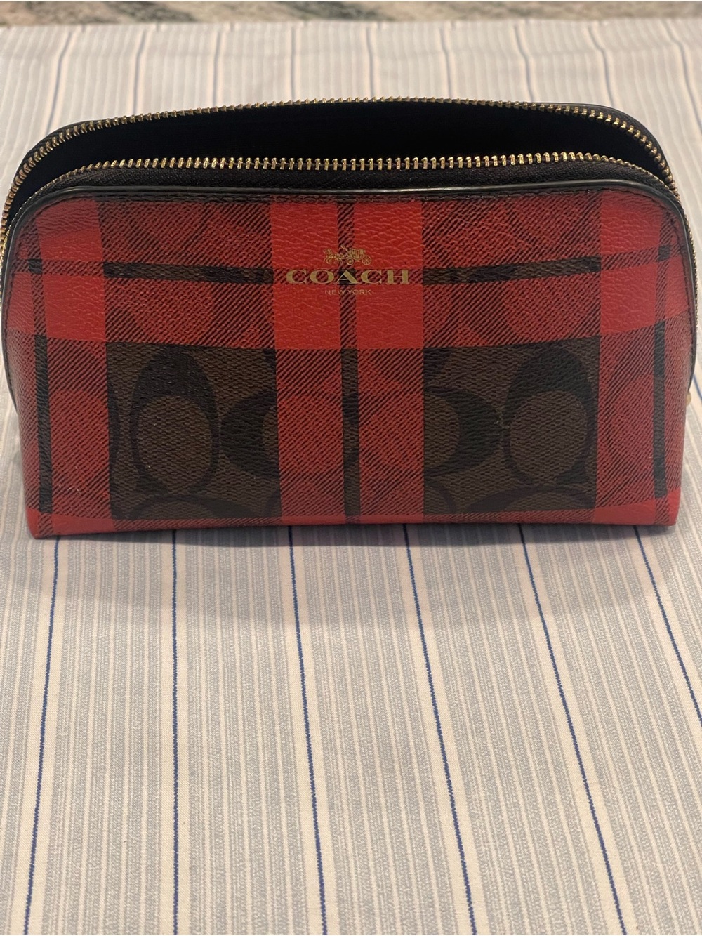 Coach Red and Black Plaid Make up Pouch with Gold Logo